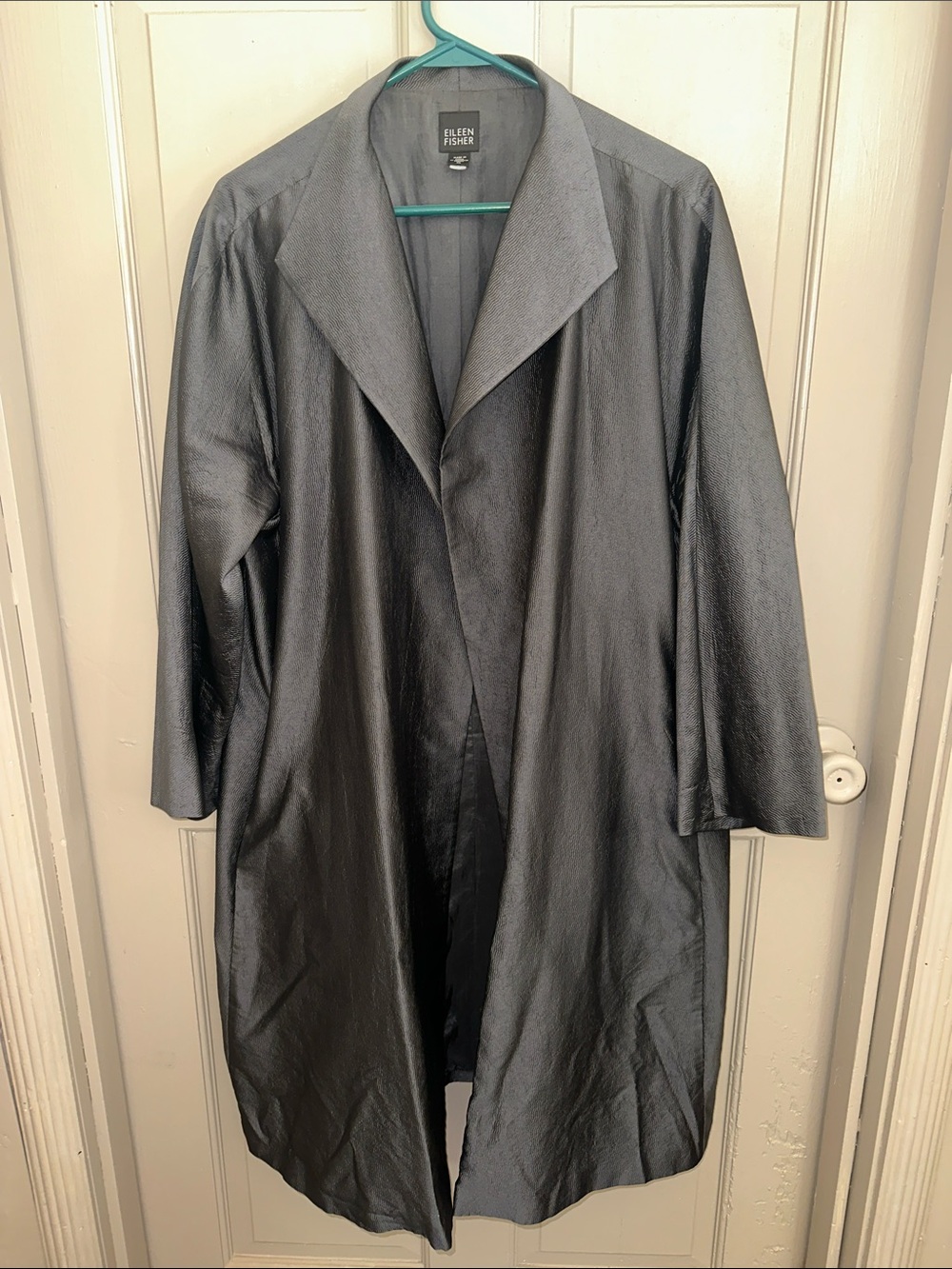 Eileen Fisher 100% Silk Gray Silver Long Duster Trench Jacket XL